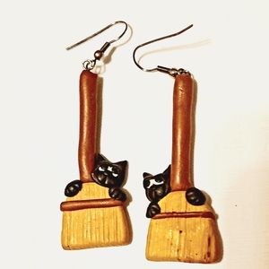Halloween Black cat and Witches broomstick wooden earrings. Vintage